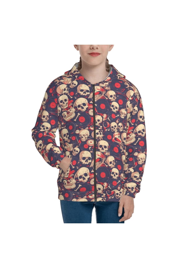 Skull rock music record Pattern Zip Up Hoodies for Boys Girls, Sweatshirt with Pockets-Small