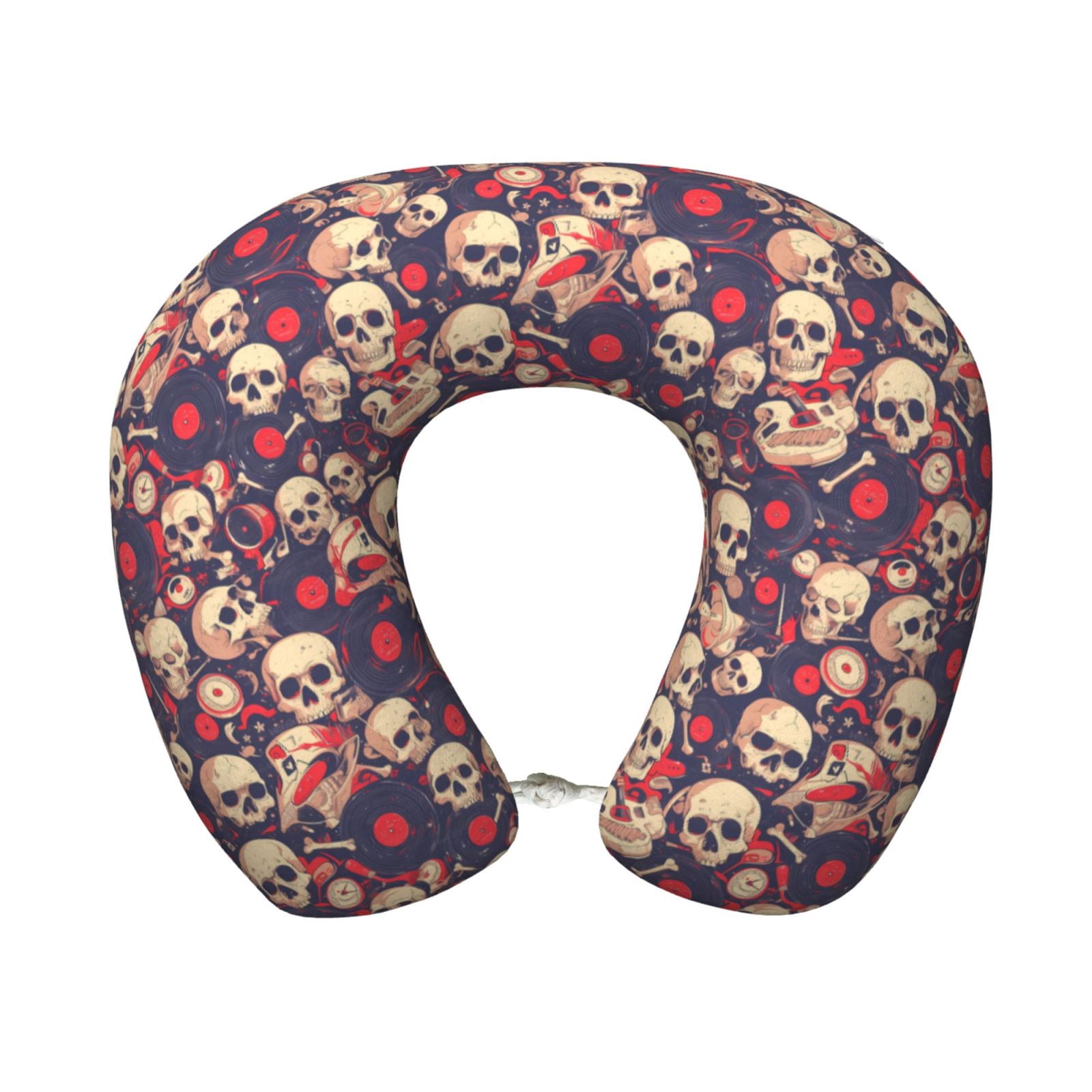 Xecao Skull rock music record Print Memory Foam Cervical Neck Pillow Versatile U-Shaped Pillows for Home,Office,Camping,Travelling,Soft Washable Cover