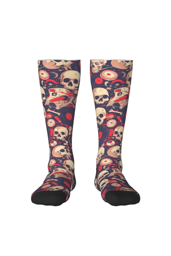 Skull rock music record print thigh-high socks, crafted for both men and women with a stretchy, high-opaque design perfect for daily wear