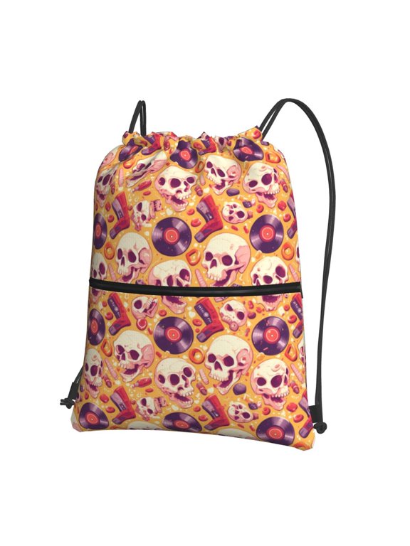 Skull rock record for Drawstring Bags,Pull String Backpack Bags,String Bag Sackpack