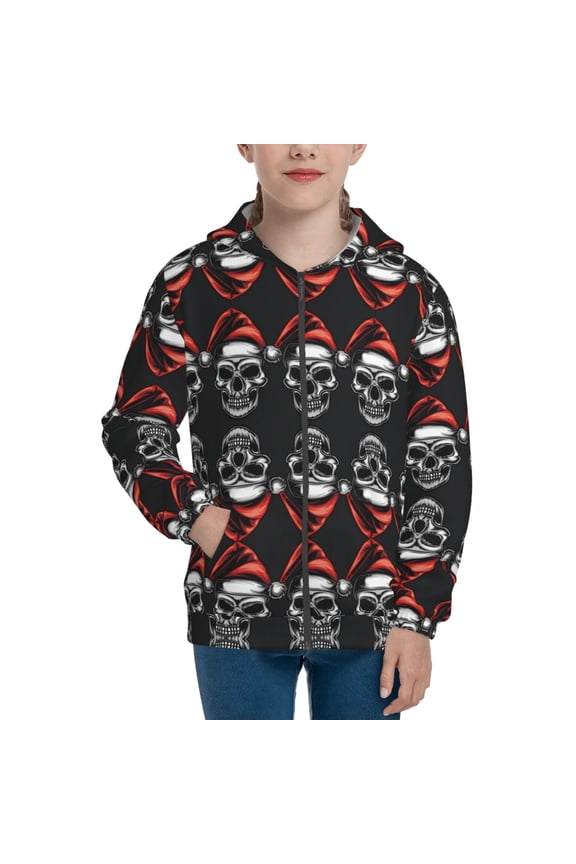Skull santa hat Pattern Zip Up Hoodies for Boys Girls, Sweatshirt with Pockets-Medium