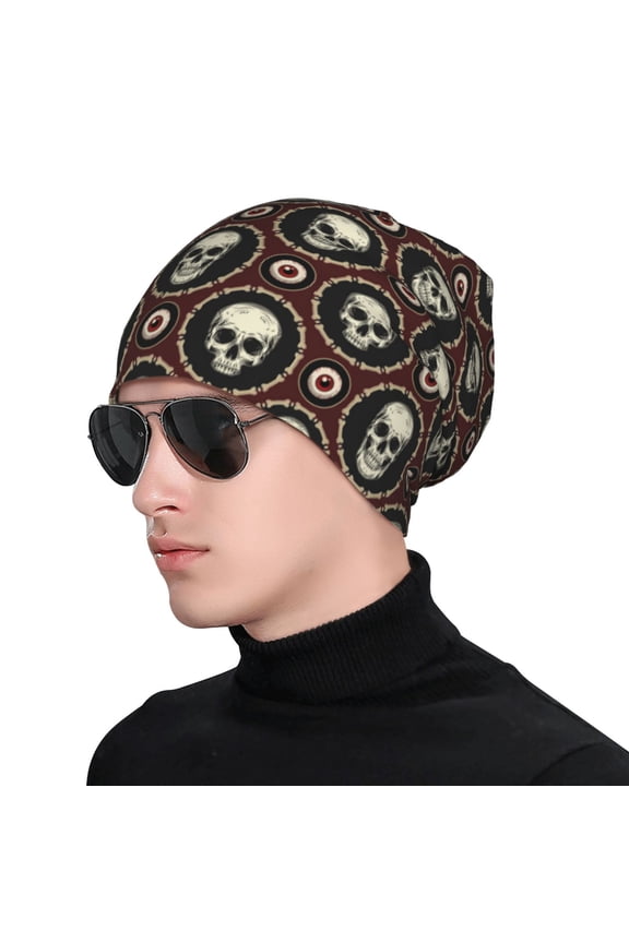 Skulls And Red Eyeballs Print Beanie Knitted Hat for Men Women, Winter Fashion Knit Cuffed Caps Unisex