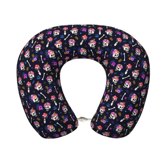 Xecao Skulls In Floral Print Memory Foam Cervical Neck Pillow Versatile U-Shaped Pillows for Home,Office,Camping,Travelling,Soft Washable Cover
