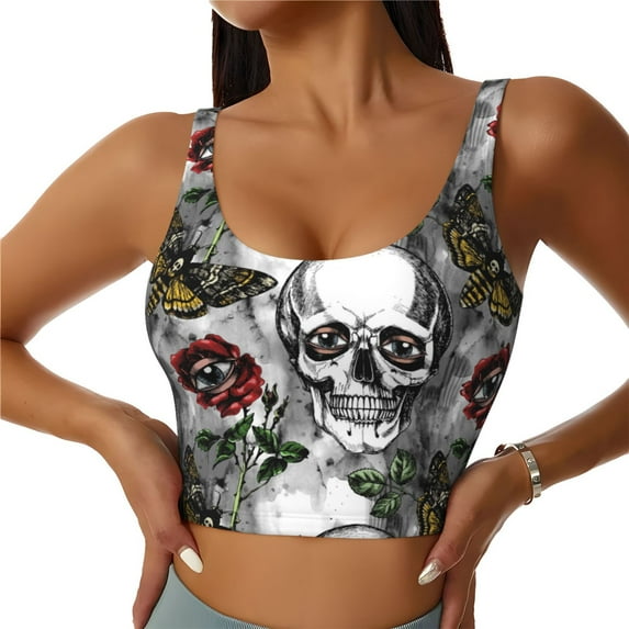 Xecao Skulls Roses for Sports Bra with Removable Pads, Crop Tank Top Design, Women's Longline Sports Bra - Non-Wired - Small