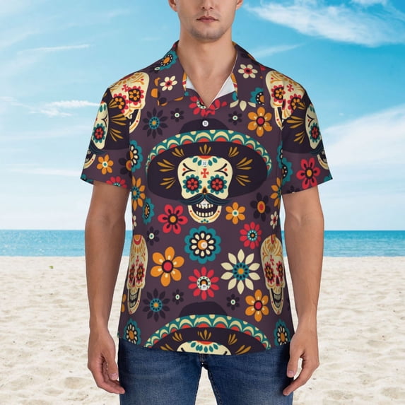Xecao Skulls and Flowers print Hawaiian shirt - a stylish short-sleeve button-down for men, perfect for casual beach and tropical outings.