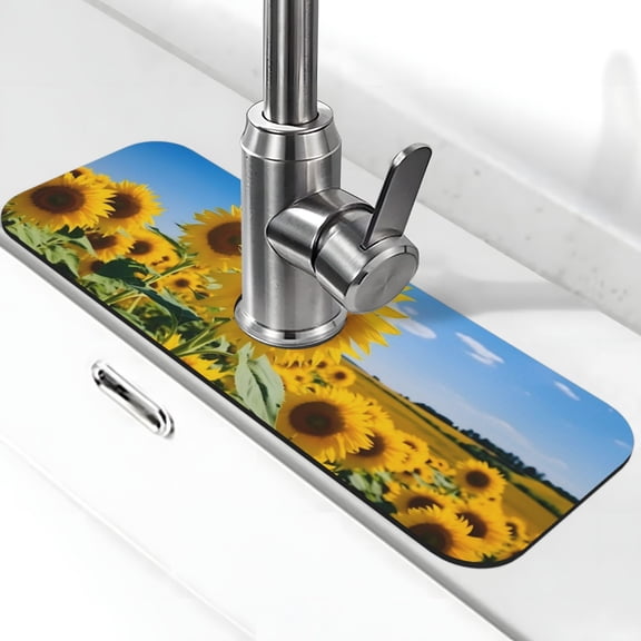 Xecao Sky Golden Sunflower Field B for Kitchen Sink Splash Guard Faucet Mat , Faucet Guard & Draining mat, (15" X 5.5" )
