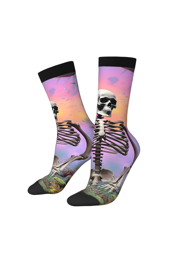 Sky Sunflower Skull Pattern Sport Socks for Women and Men Crew Socks Sporty Calf Socks Casual Socks