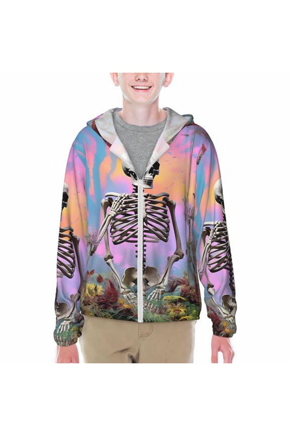 Sky Sunflower Skull Print Fishing Shirts for teenager Long Sleeve UV Sun Protection Hoodie with Zipper Outdoor Hiking Shirts-Medium