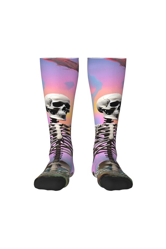 Sky Sunflower Skull print thigh-high socks, crafted for both men and women with a stretchy, high-opaque design perfect for daily wear