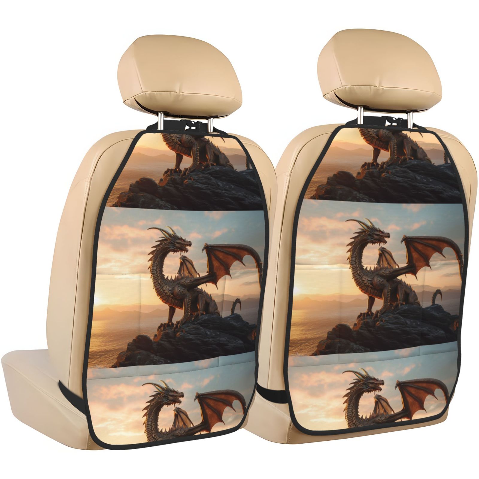Xecao Sky Sunset Bronze Dragon Pattern Car Seat Back Protector 2 Pack Large Capacity Pocket, Kick Mats Back Seat Protector