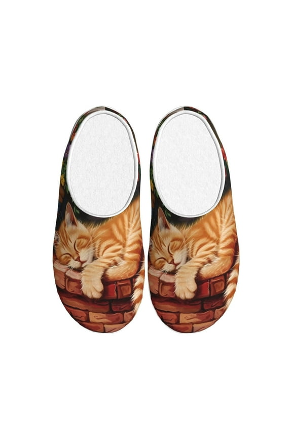 Sleeping Cat Flowers Print Cotton Slippers Fuzzy Warm Cozy Slippers Non Slip House Slippers For Indoor Outdoor Cotton Slippers House Slippers-35/36