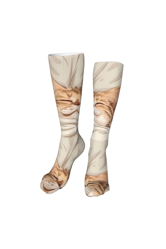 Sleeping Cat In Blanket Print Calf Socks Seamless Toe, Knee High Long Socks, Sports Socks Trouser Socks for Women and Men-One Size
