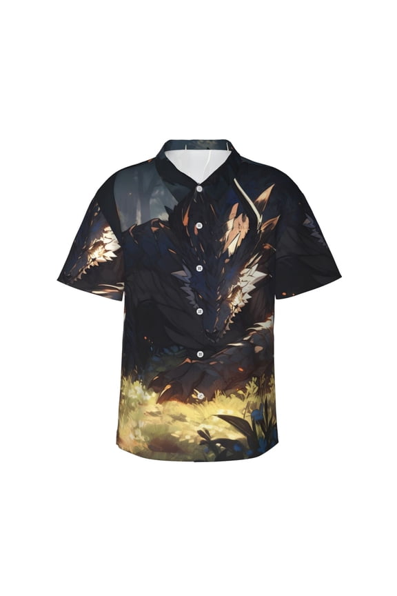 Sleeping Dragon In Forest Print Hawaiian shirt - A Stylish Short-Sleeve Button-Down for Men, Perfect for Casual Beach and Tropical Outings.,Large