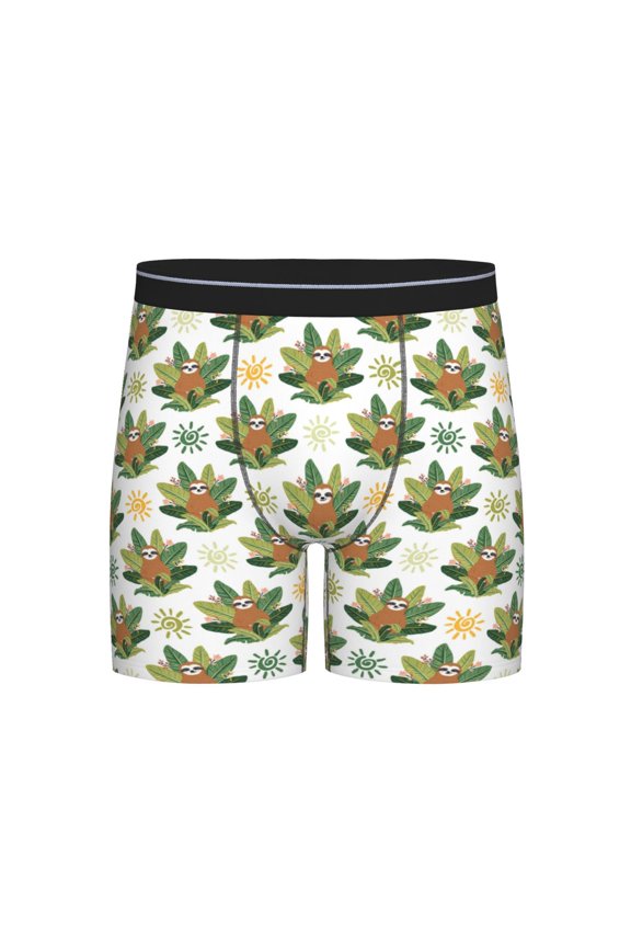 Sloth Sitting Tropical Leaves Print Boxer Briefs for Men's Stretch Moisture-Wicking Underwear, Mid-Rise Classics breathable fabric