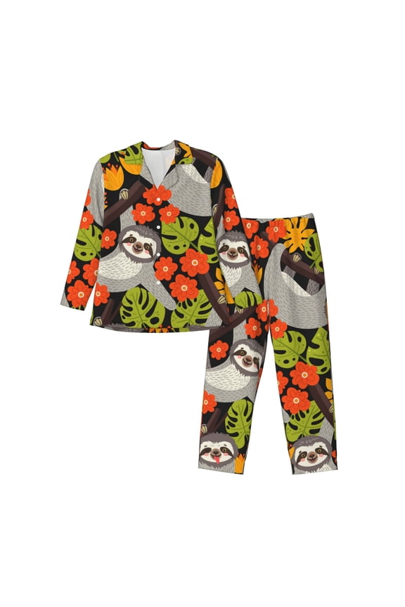 Sloth on the Branch Print Pajamas Set Mens Pajamas Long Sleeve Loungewear Two-Piece Sleepwear Button-Down Pjs Set,2PJS-X-Large