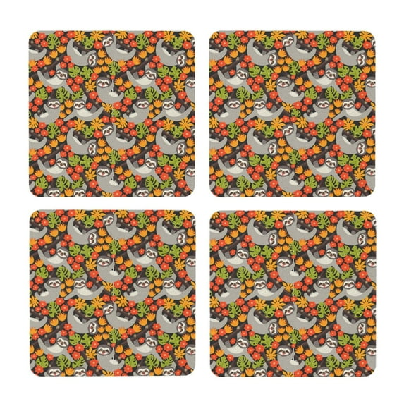 Xecao Sloth on the Branch for MDF Cork Coaster 4 Pcs,Drink Coasters,Suit for House Warming Gifts New Home ,Coffee Table Decor-Square