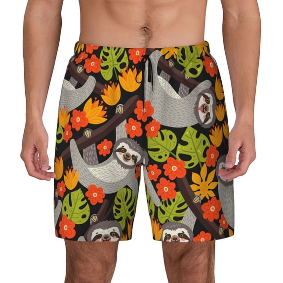 Xecao Sloth on the Branch for Men's Swimming Trunks Swim Trunks Quick Dry Swim Shorts with Mesh Lining Funny Swimwear Bathing Suits