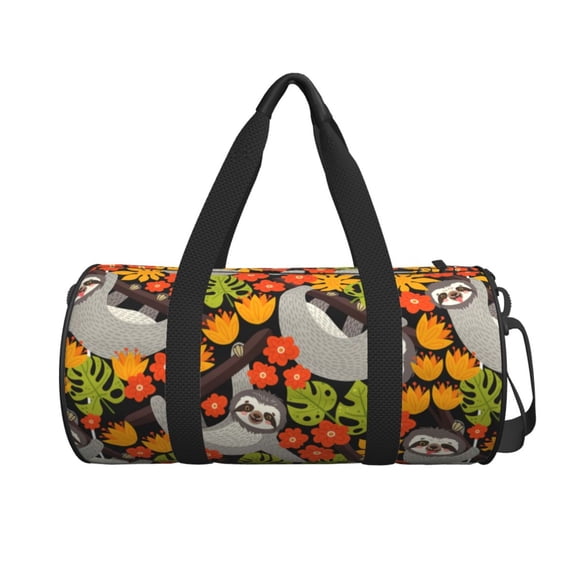 Xecao Sloth on the Branch print Round Travel Duffel Bag is a foldable gym bag with an inner pocket, perfect for travel sports
