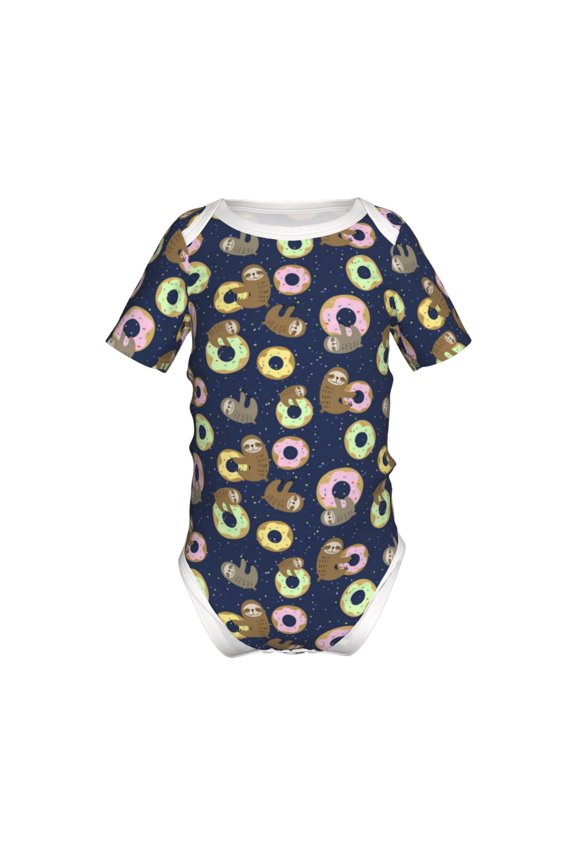 Sloth with Donuts Pattern Baby Climbing Bodysuit Short Sleeve Onesie Unisex 0-12 Months Baby Shirt Newborn Outfits Crotch snap design-9M