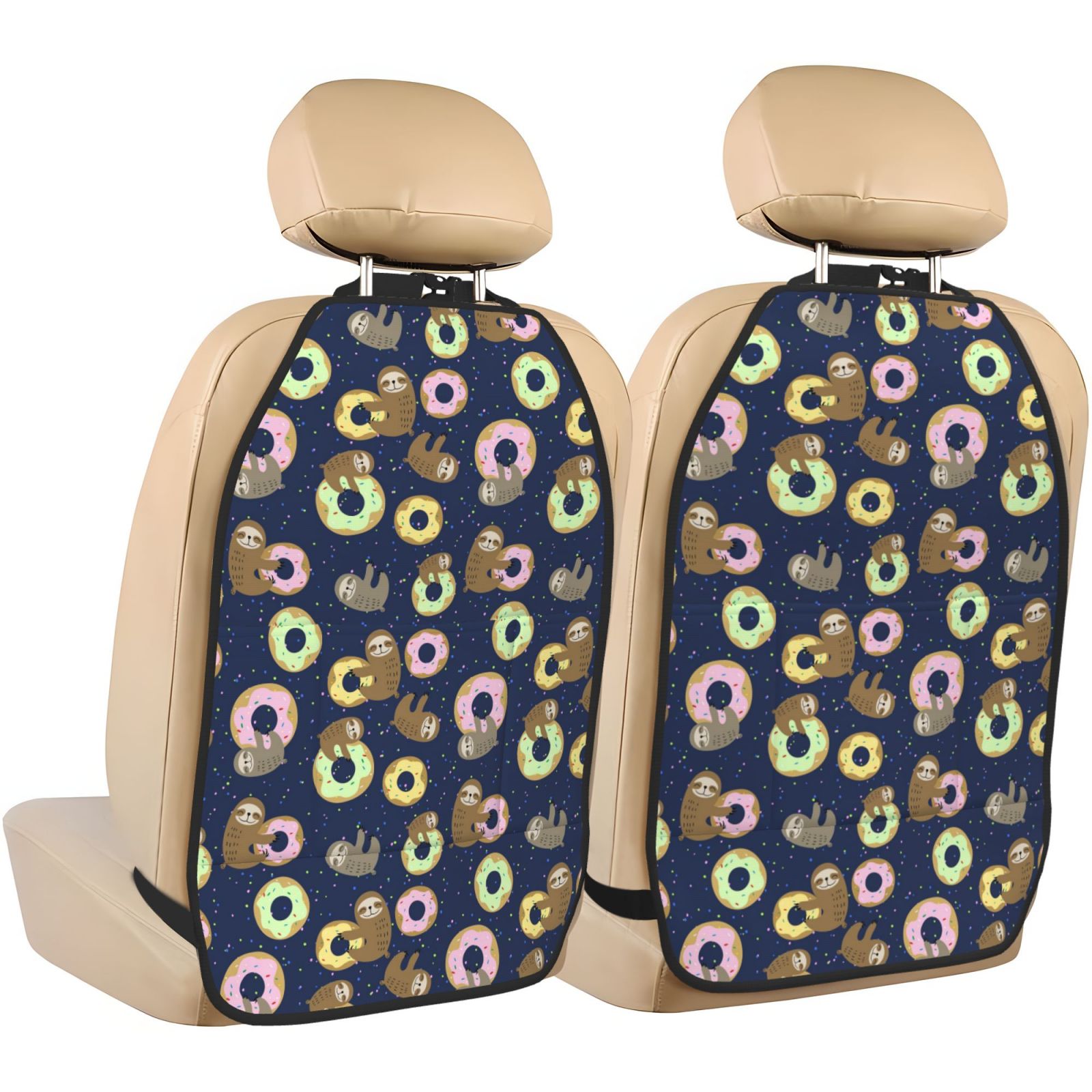 Xecao Sloth with Donuts Pattern Car Seat Back Protector 2 Pack Large Capacity Pocket, Kick Mats Back Seat Protector
