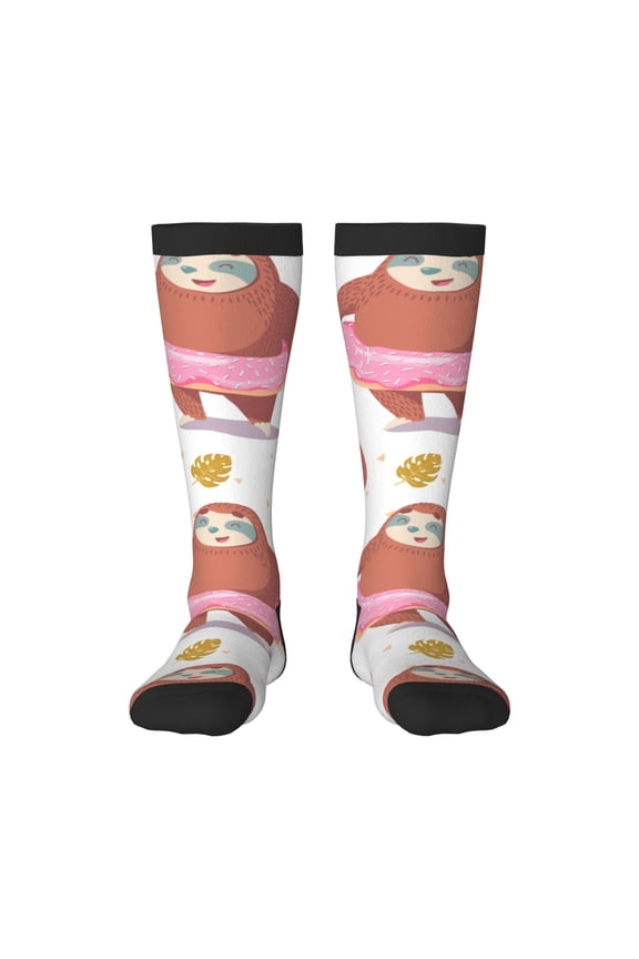 Sloth with Donuts1 print thigh-high socks, crafted for both men and women with a stretchy, high-opaque design perfect for daily wear