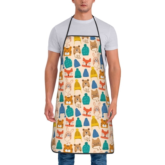 Xecao Small Animals with Knit Hat Pattern Print Funny BBQ Chef Aprons for Men Women,Adjustable Kitchen Cooking Aprons with Pocket Waterproof Oil Proof No Pilling Fading