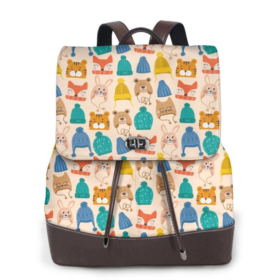 Xecao Small Animals with Knit Hat Pattern Print Large Backpack Soft Leather for Women Travel with Compartment, Adjustable Convertible Strap