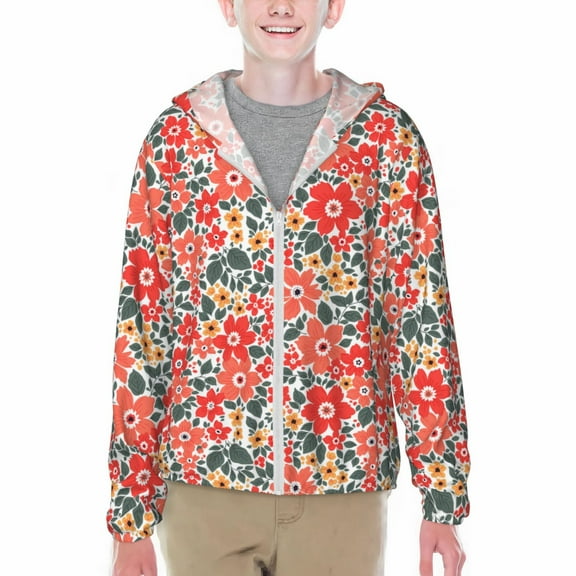 Xecao Small Coral Red Flowers Print Fishing Shirts for teenager Long Sleeve UV Sun Protection Hoodie with Zipper Outdoor Hiking Shirts-XX-Large