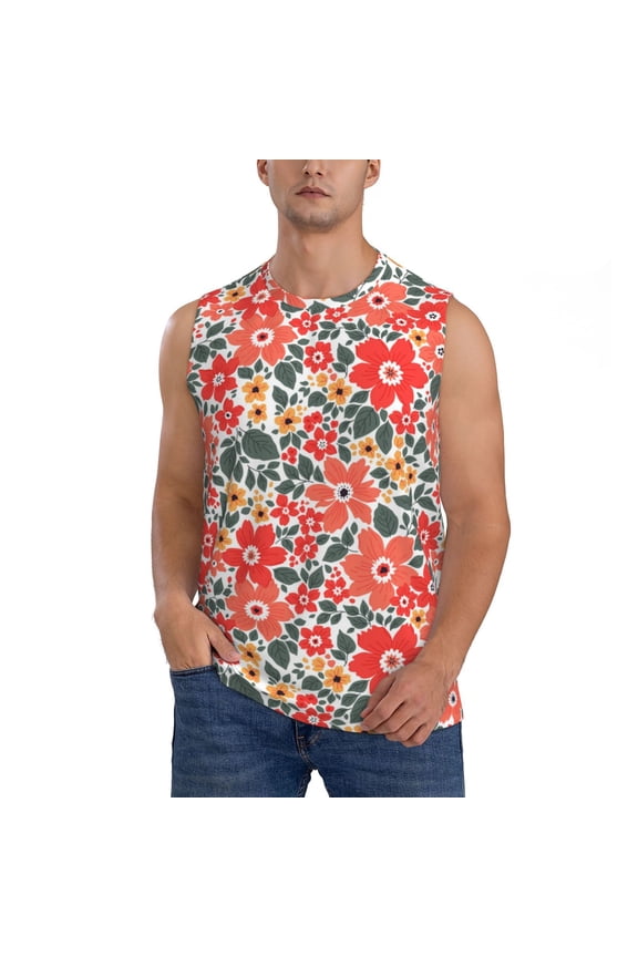 Small Coral Red Flowers Print Men's Tank Top: Sleek Sleeveless Tee for Casual Sports and Beach Occasions-XX-Large