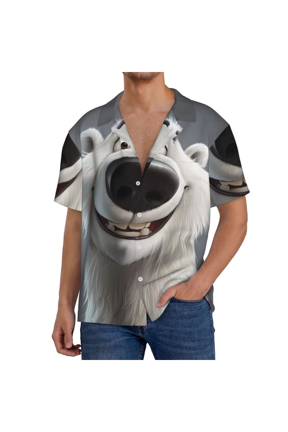 Smiling Polar Bear Men's Casual Short-sleeved Shirt, a button-up collared shirt with a pocket-Small