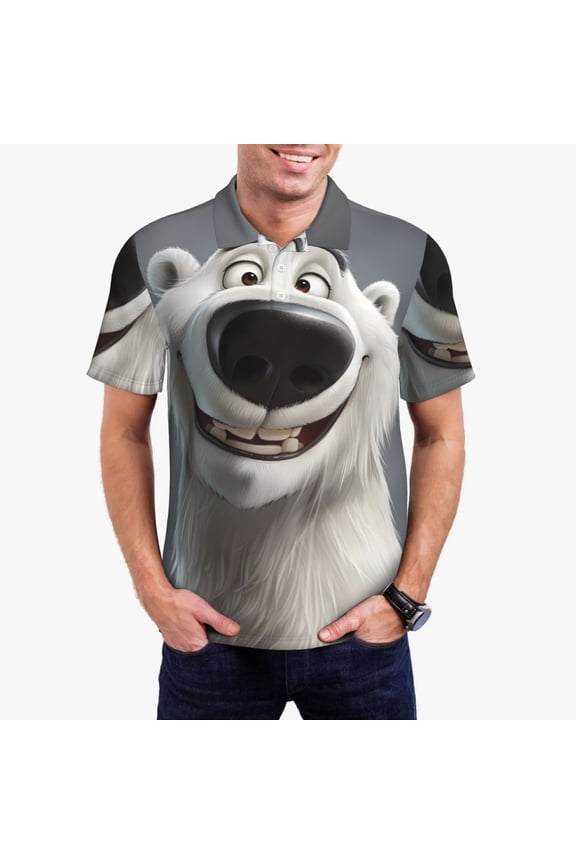 Smiling Polar Bear Mens' Casual Short Sleeve Button-Down Polo Shirts for a Classic Golf Shirts-4X-Large
