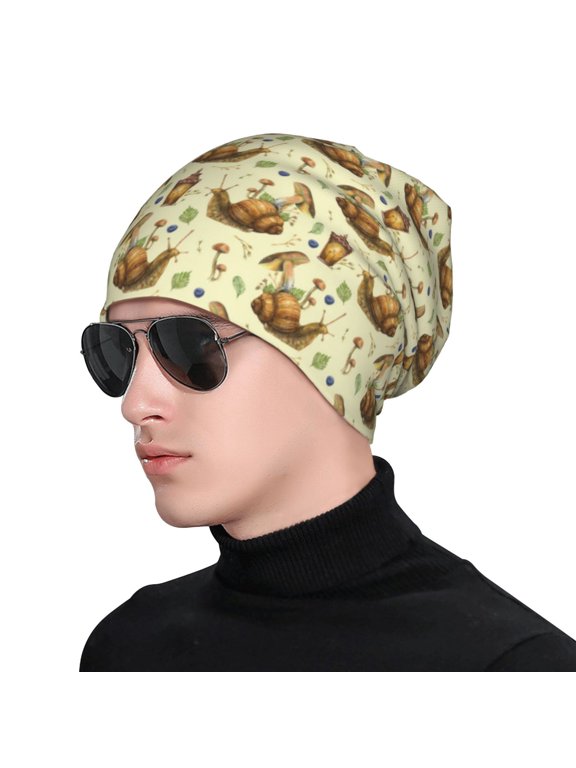 Snail With Mushrooms Print Beanie Knitted Hat for Men Women, Winter Fashion Knit Cuffed Caps Unisex