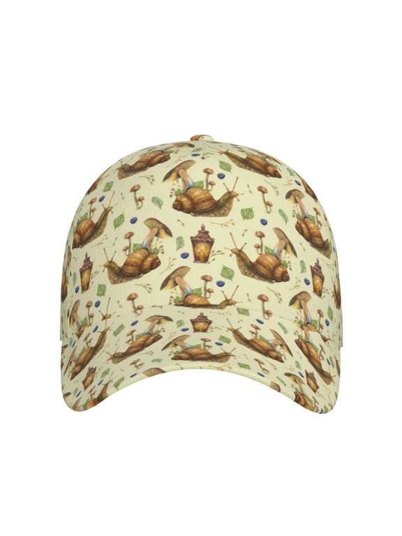 Snail With Mushrooms for Baseball Cap: Unisex, crafted from classic polyester twill fabric, featuring a soft unconstructed design