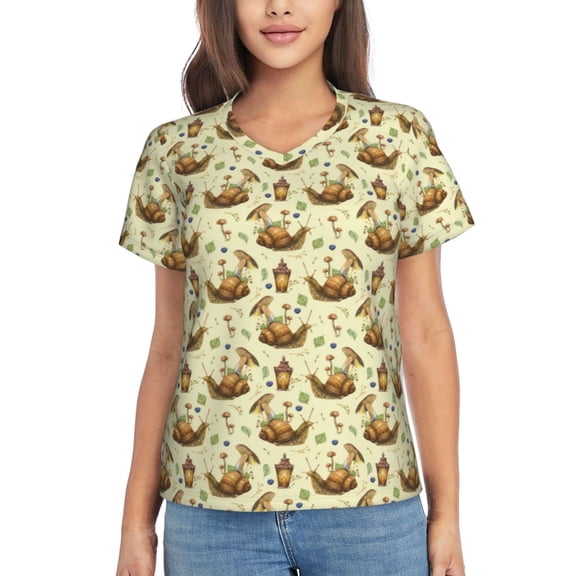 Xecao Snail With Mushrooms for Women's V-Neck T-Shirts-Elegant Half-Sleeve Tops Perfect for Summer-Large