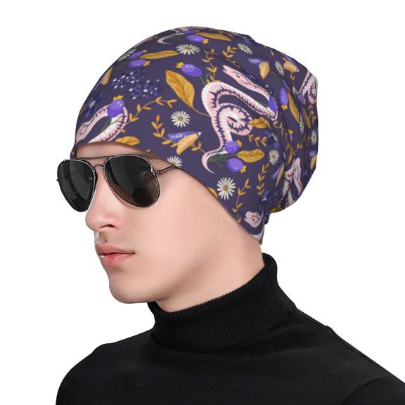 Xecao Snake And Floral Print Beanie Knitted Hat for Men Women, Winter Fashion Knit Cuffed Caps Unisex
