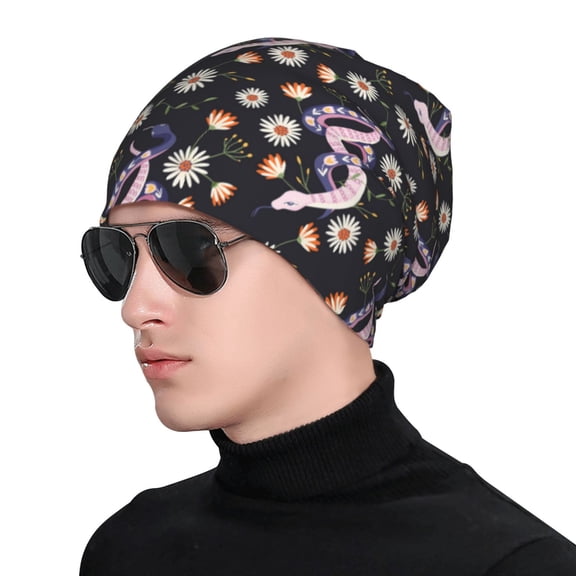 Xecao Snake And Floral1 Print Beanie Knitted Hat for Men Women, Winter Fashion Knit Cuffed Caps Unisex