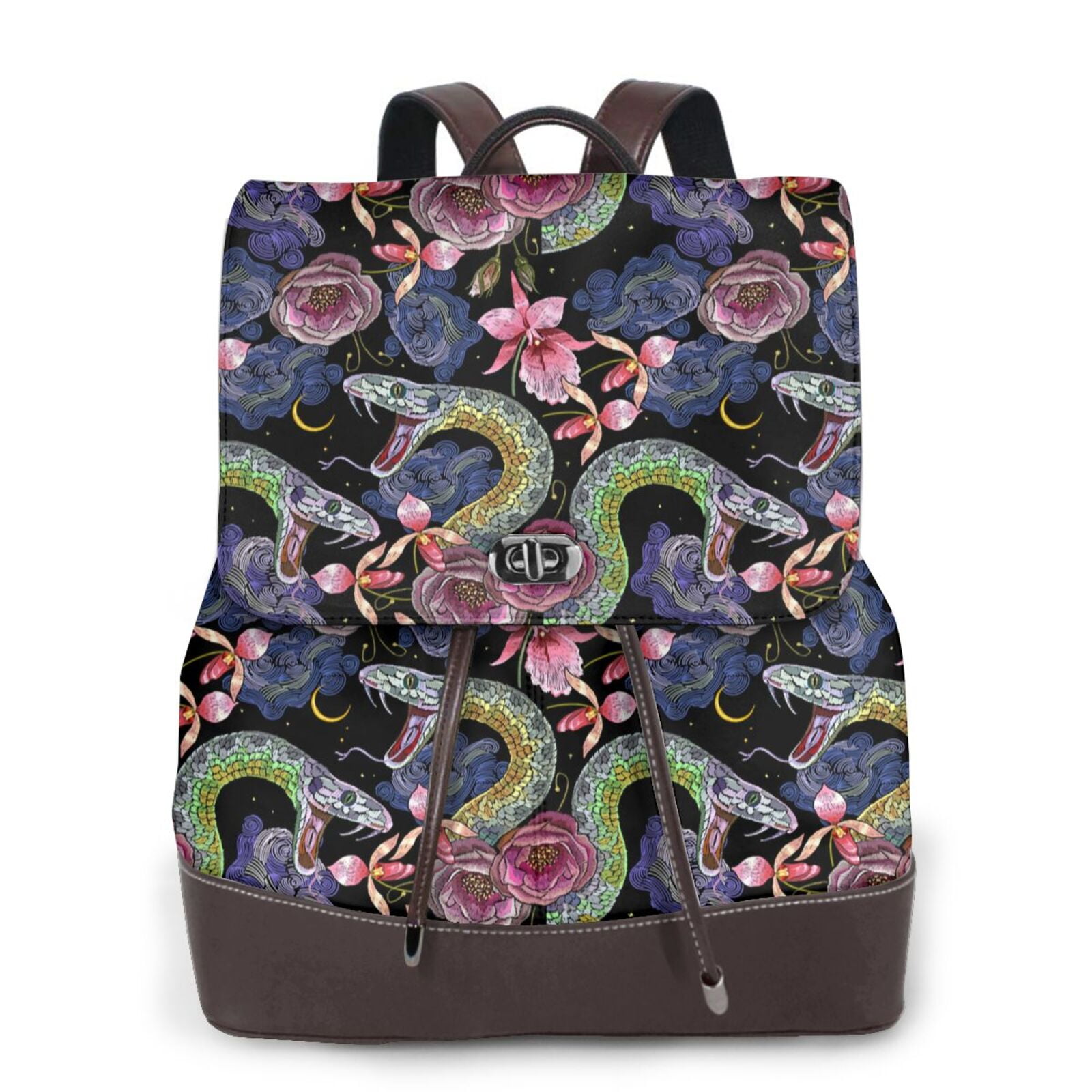 Xecao Snake And Flower Print Large Backpack Soft Leather for Women ...