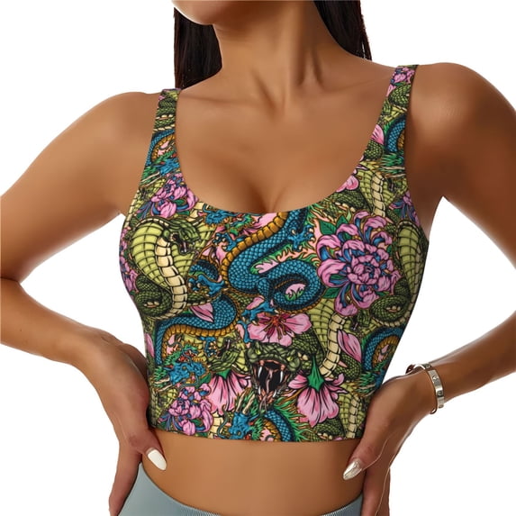 Xecao Snake And Flower for Sports Bra with Removable Pads, Crop Tank Top Design, Women's Longline Sports Bra - Non-Wired - XX-Large
