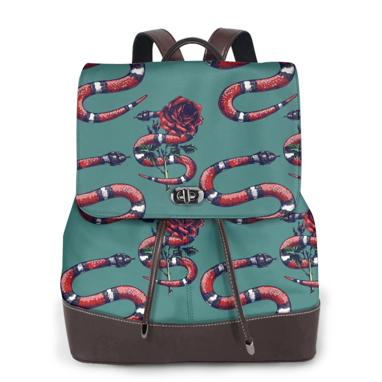 Xecao Snake And Rose Print Large Backpack Soft Leather for Women Travel ...
