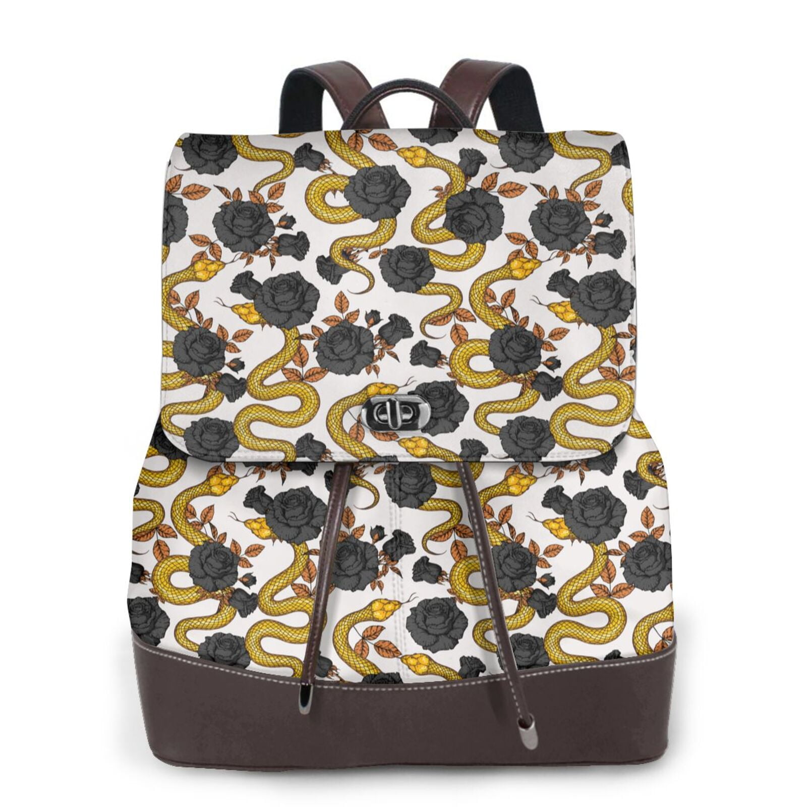 Xecao Snake And Rose Print Large Backpack Soft Leather for Women Travel ...