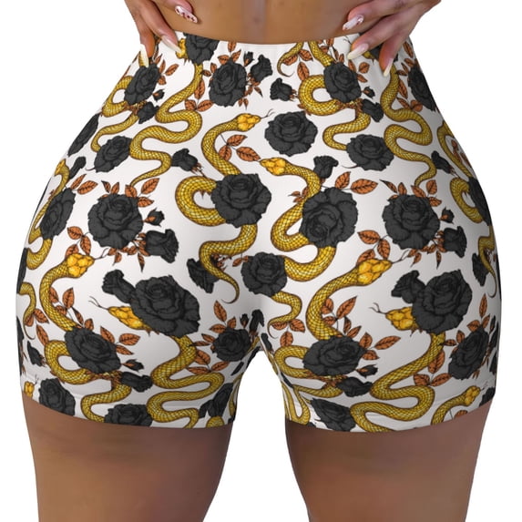 Xecao Snake And Rose Print Workout Shorts for Women Soft Smooth Gym Yoga Scrunch Active Tennis Workout Running Shorts