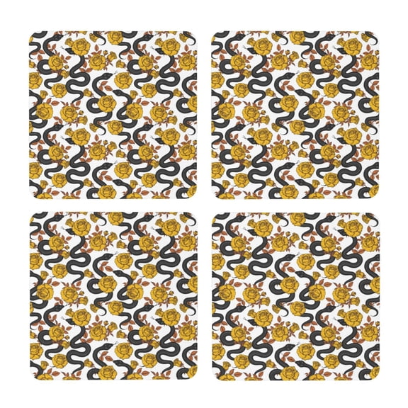 Xecao Snake And Rose for MDF Cork Coaster 4 Pcs,Drink Coasters,Suit for House Warming Gifts New Home ,Coffee Table Decor-Square
