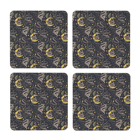 Xecao Snake Sleep for MDF Cork Coaster 4 Pcs,Drink Coasters,Suit for House Warming Gifts New Home ,Coffee Table Decor-Square
