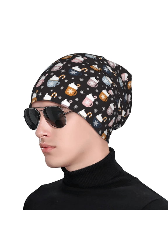 Snowflake Cream Hot Cocoa Print Beanie Knitted Hat for Men Women, Winter Fashion Knit Cuffed Caps Unisex