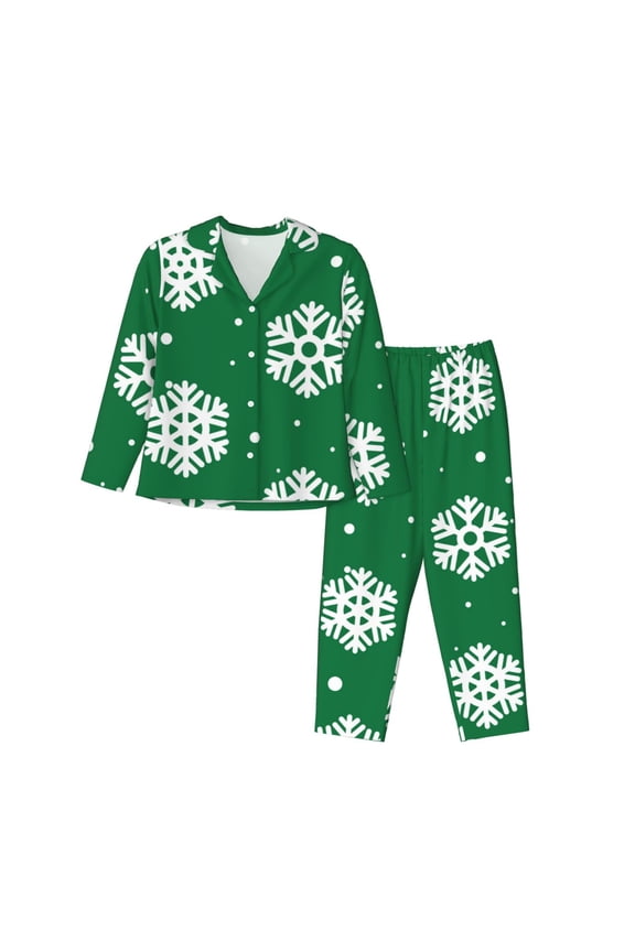 Snowflake Print Women Pajamas Set Soft Sleepwear Pjs long Sleeve Button Down Nightwear with Long Pants