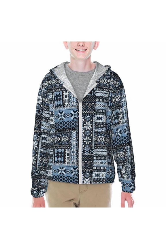 Snowflake Vintage Pattern Print Fishing Shirts for teenager Long Sleeve UV Sun Protection Hoodie with Zipper Outdoor Hiking Shirts-