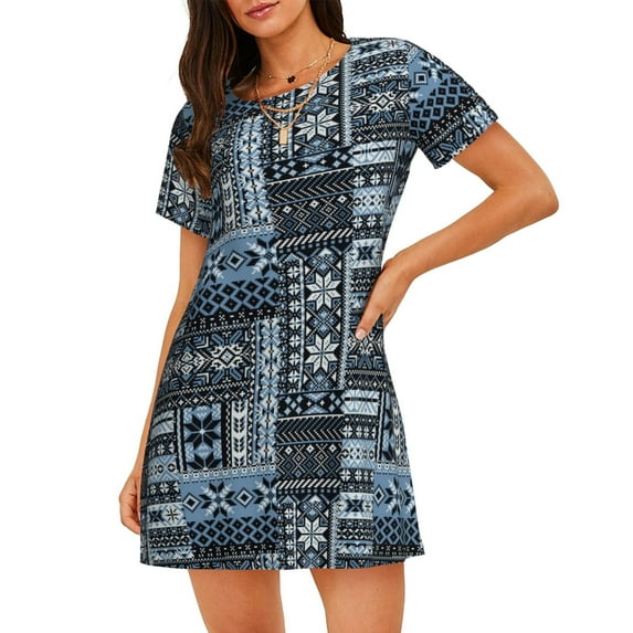 Xecao Snowflake Vintage Pattern for Women's Loose Nightgown Sleepwear Short Sleeves Shirt Casual Print Sleepdress