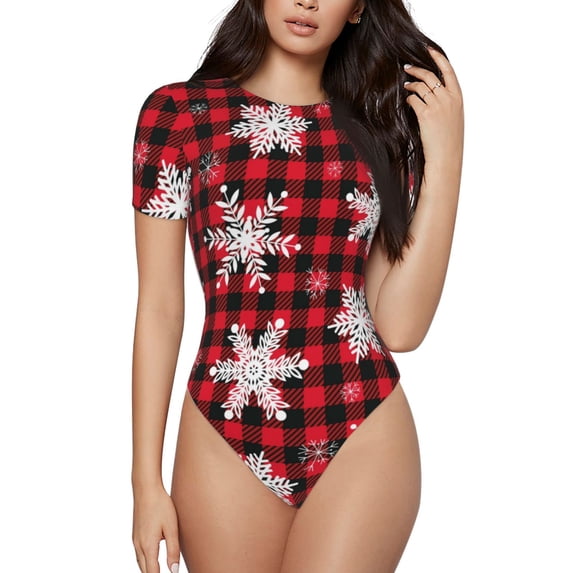 The Xecao Snowflakes On A Buffalo Plaid Women's Crew Neck Body Suit, a short-sleeved bodysuit and basic swimsuit, both comfort and style for dating and daily life
