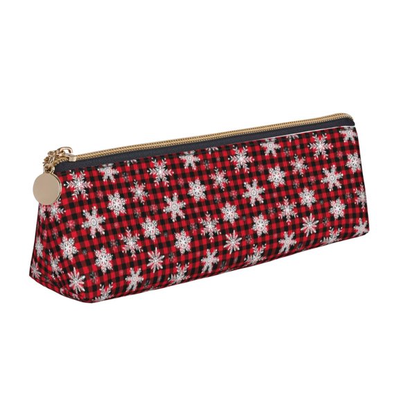 Xecao Snowflakes On A Buffalo Plaid Christmas Print Leather Pencil Case -Stationery Bag Pen Holder for Work & Office