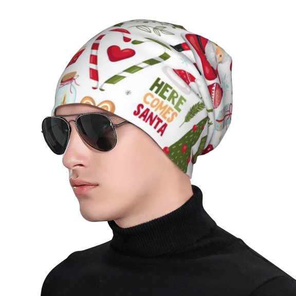 Xecao Snowflakes Santa Claus Print Beanie Knitted Hat for Men Women, Winter Fashion Knit Cuffed Caps Unisex